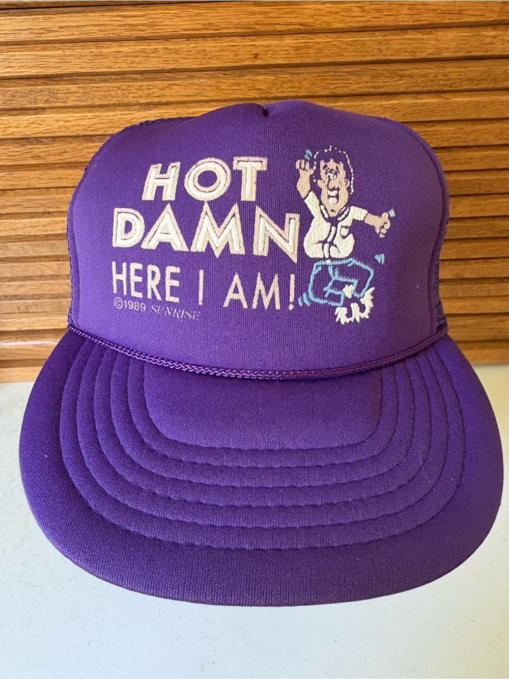 Retro Vintage  “Hot Damn Here I Am” Hat Snap Back Trucker Purple Humor